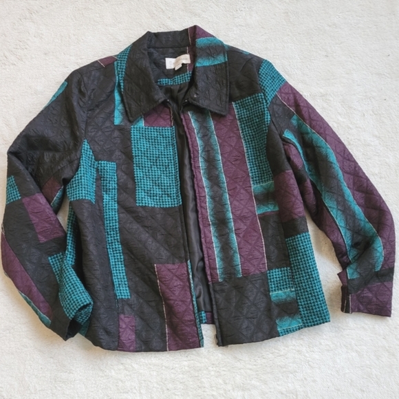 Erin London Jacket Quilted Patchwork Black Teal Plum L - Picture 6 of 10
